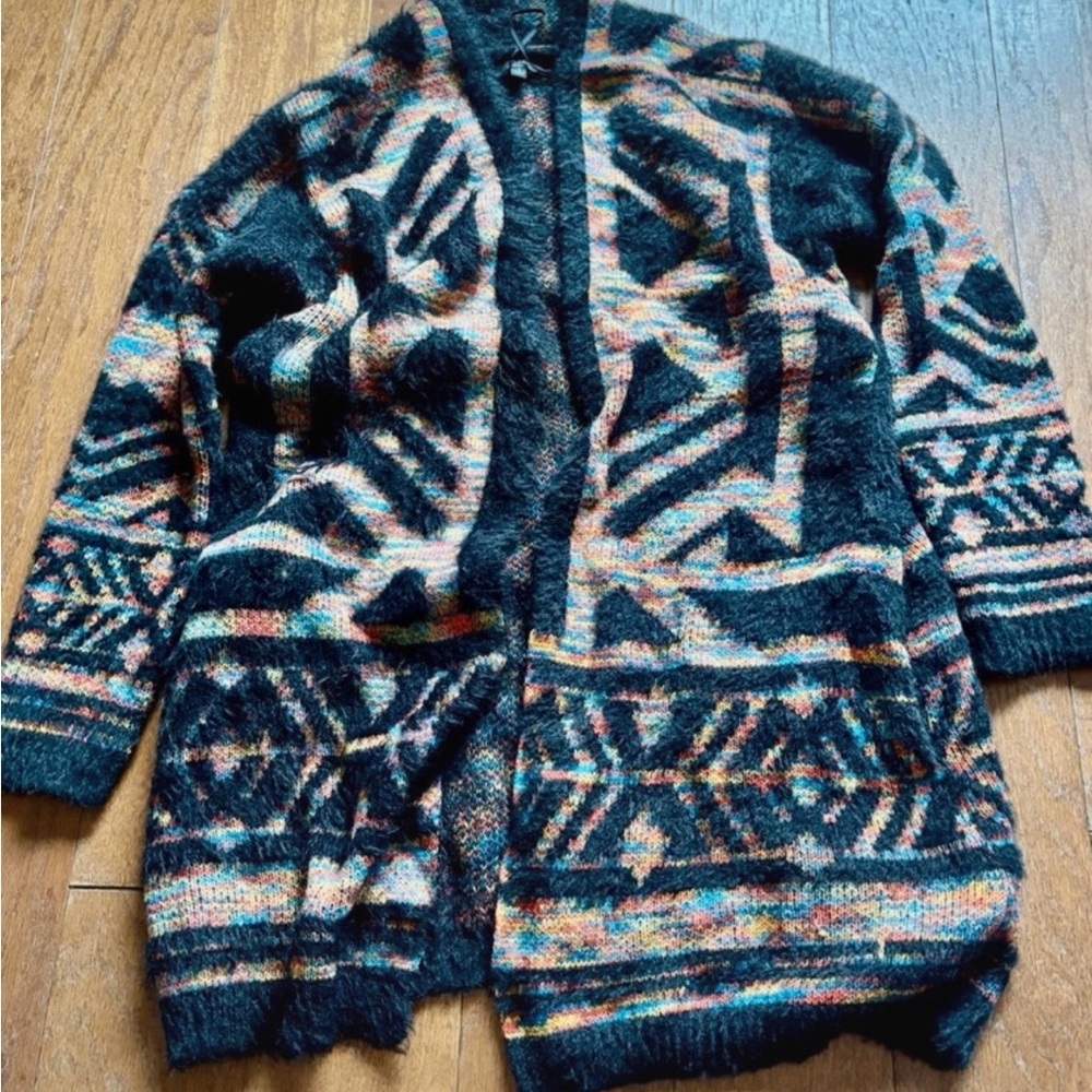My Michelle black and rainbow knit fuzzy cardigan sweater with Aztec print